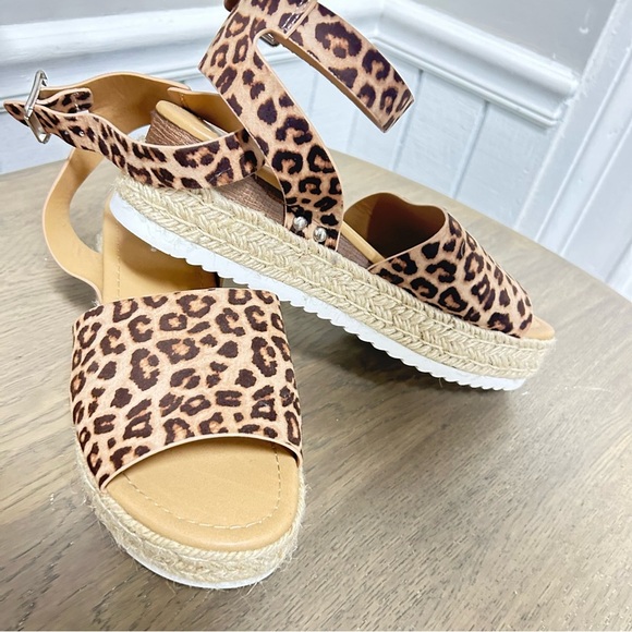 Soda Shoes - Soda Leopard Print Espadrilles with Adjustable Straps and Thick Sole